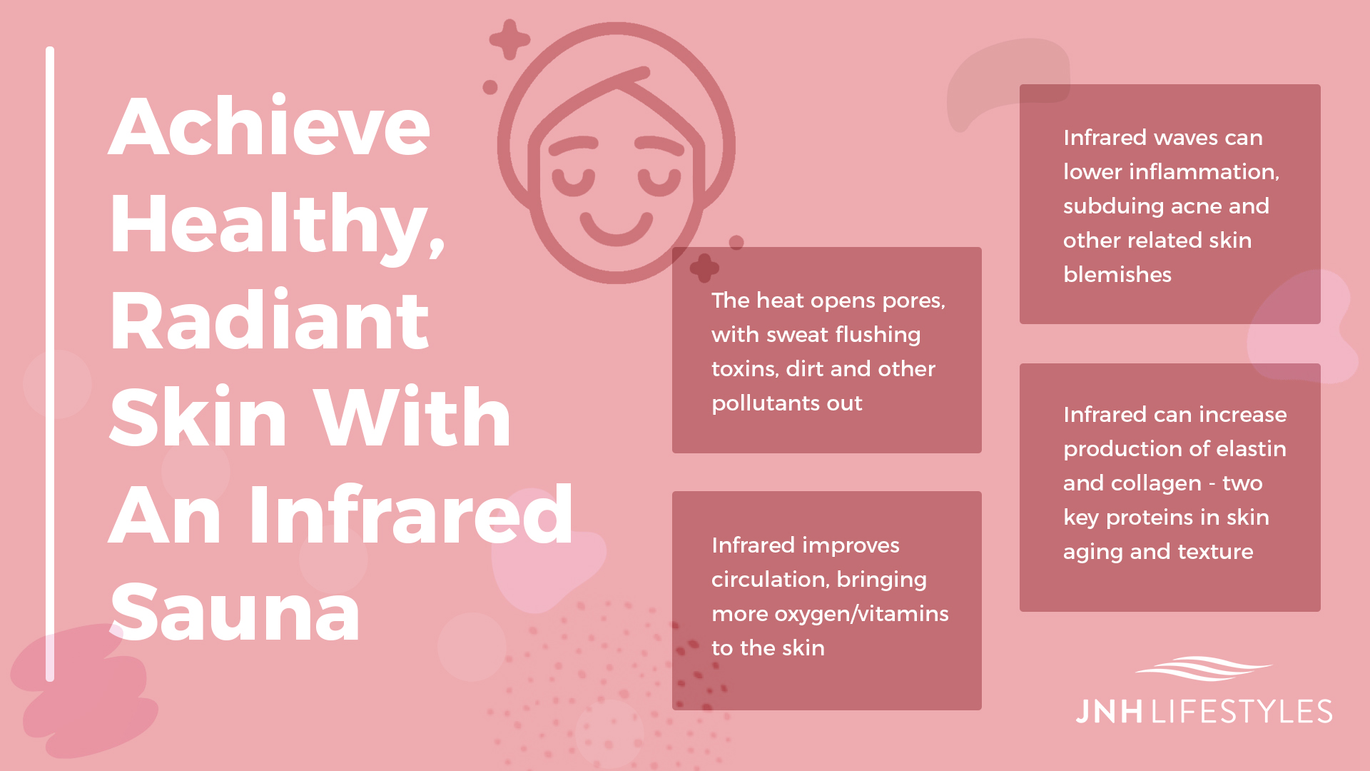 Achieve Healthy, Radiant Skin With An Infrared Sauna: -The heat opens pores, with sweat flushing toxins, dirt and other pollutants out -Infrared waves can lower inflammation, subduing acne and other related skin blemishes -Infrared improves circulation, bringing more oxygen/vitamins to the skin -Infrared can increase production of elastin and collagen - two key proteins in skin aging and texture