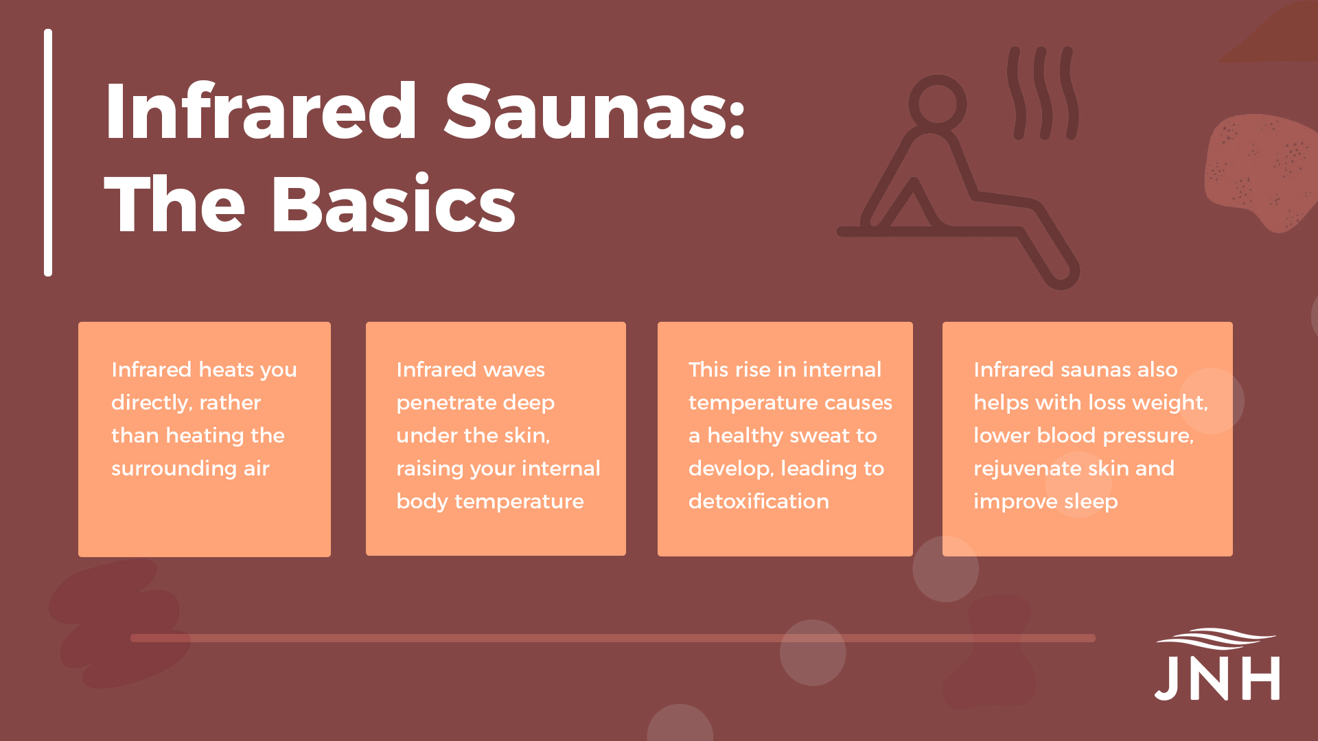 The Basics of Infrared Saunas: Infrared heats you directly, rather than heating the surrounding air, Infrared waves penetrate deep under the skin, raising your internal body temperature, This rise in internal temperature causes a healthy sweat to develop, leading to detoxification, Infrared saunas not only detox, but can help you loss weight, lower blood pressure, rejuvenate skin and improve sleep to name a few